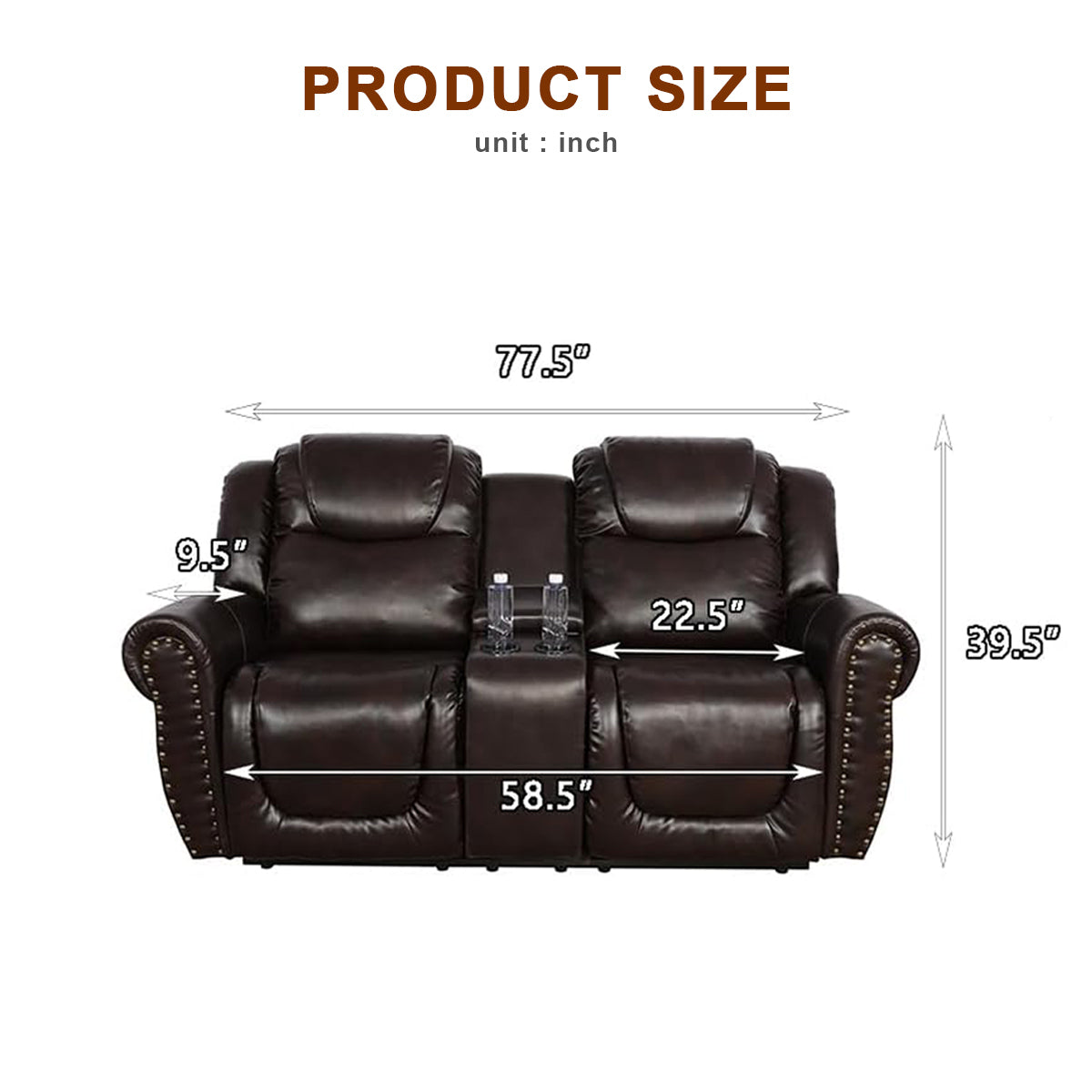 Leather Loveseat Living Room Sofa with Cup Holders and Adjustable Footrest, Brown