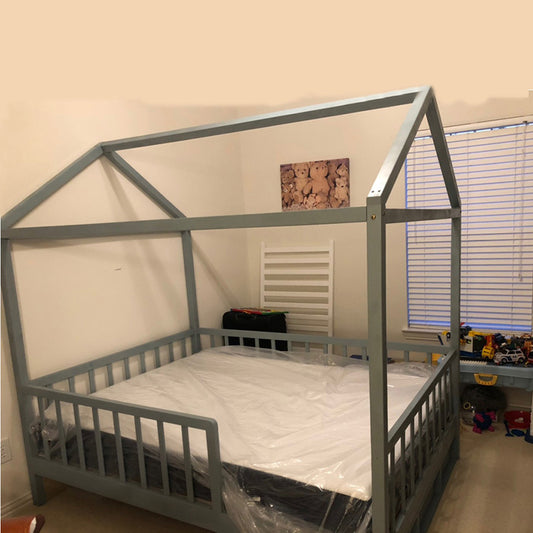 Twin Size Bed with Fence, Wood Bunk Bed for Kids, Teens, Girls, Boys, Grey