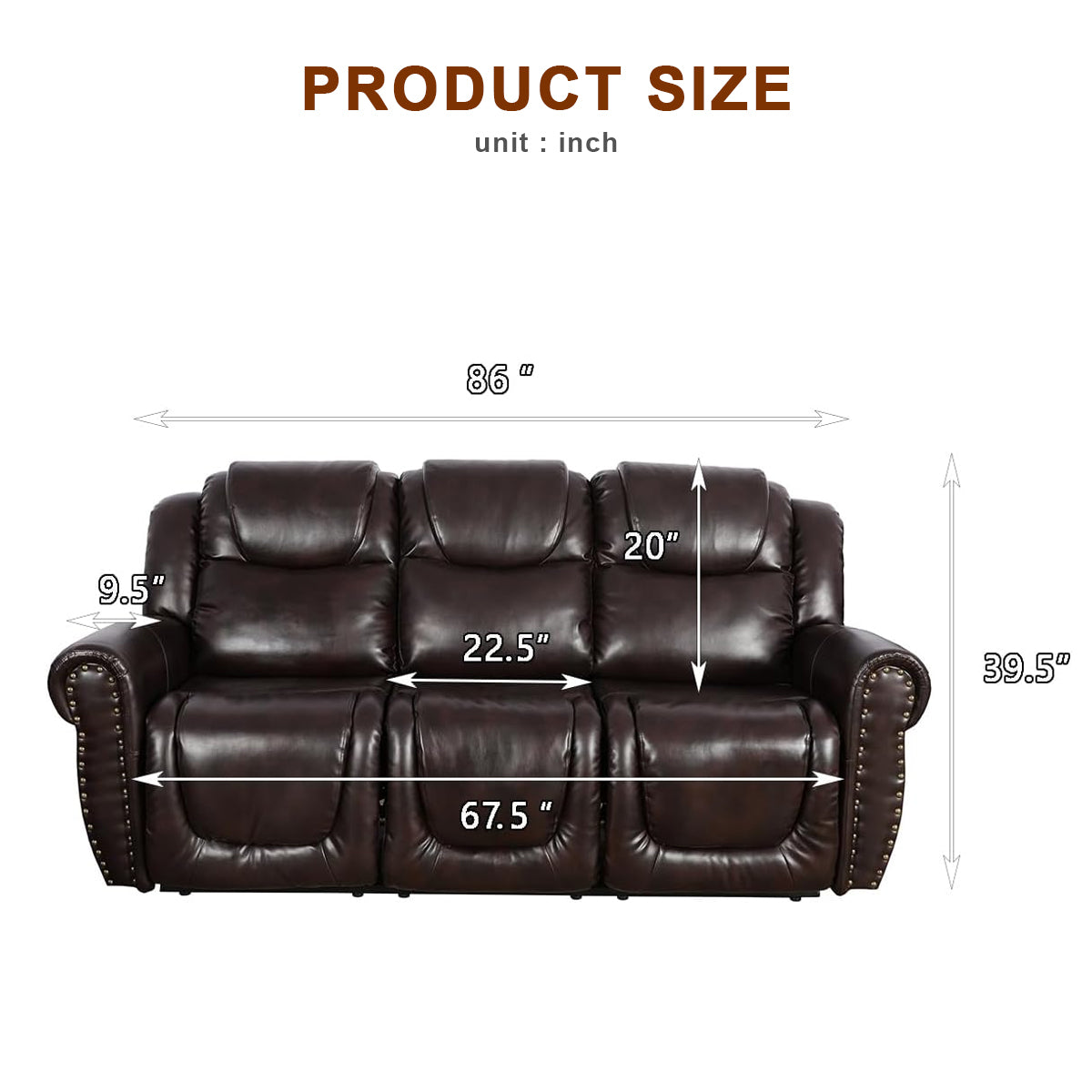 Brown Leather Sofa for Living Room Office with Rivet Design, Classic Couch for Relaxing