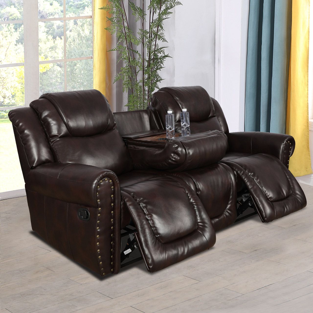 Brown Leather Sofa for Living Room Office with Rivet Design, Classic Couch for Relaxing