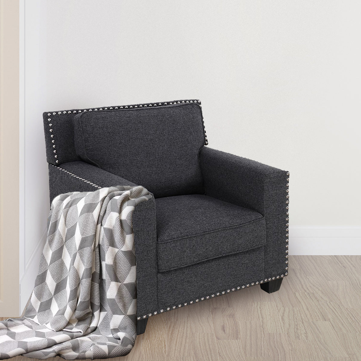 Black Linen Living Room Chair with Rivet Design, Soft Single Home Chair for Bedroom and Office