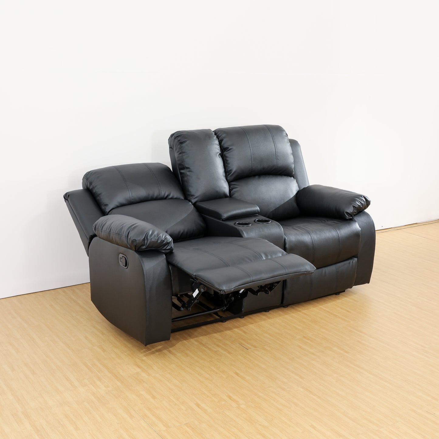 Recliner Armchair Sofa, Two Seater sofa with Cup Holders, Soft Touch Imitation Leather Sofa with Split Back, Black