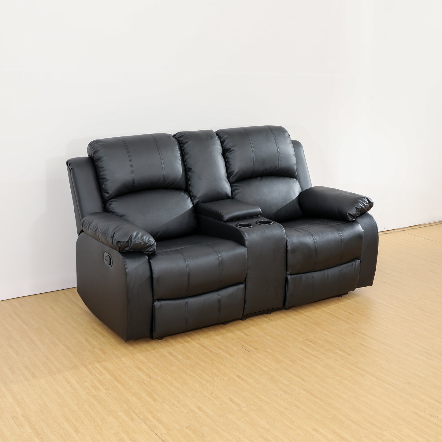 Recliner Armchair Sofa, Two Seater sofa with Cup Holders, Soft Touch Imitation Leather Sofa with Split Back, Black