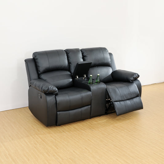 Recliner Armchair Sofa, Two Seater sofa with Cup Holders, Soft Touch Imitation Leather Sofa with Split Back, Black