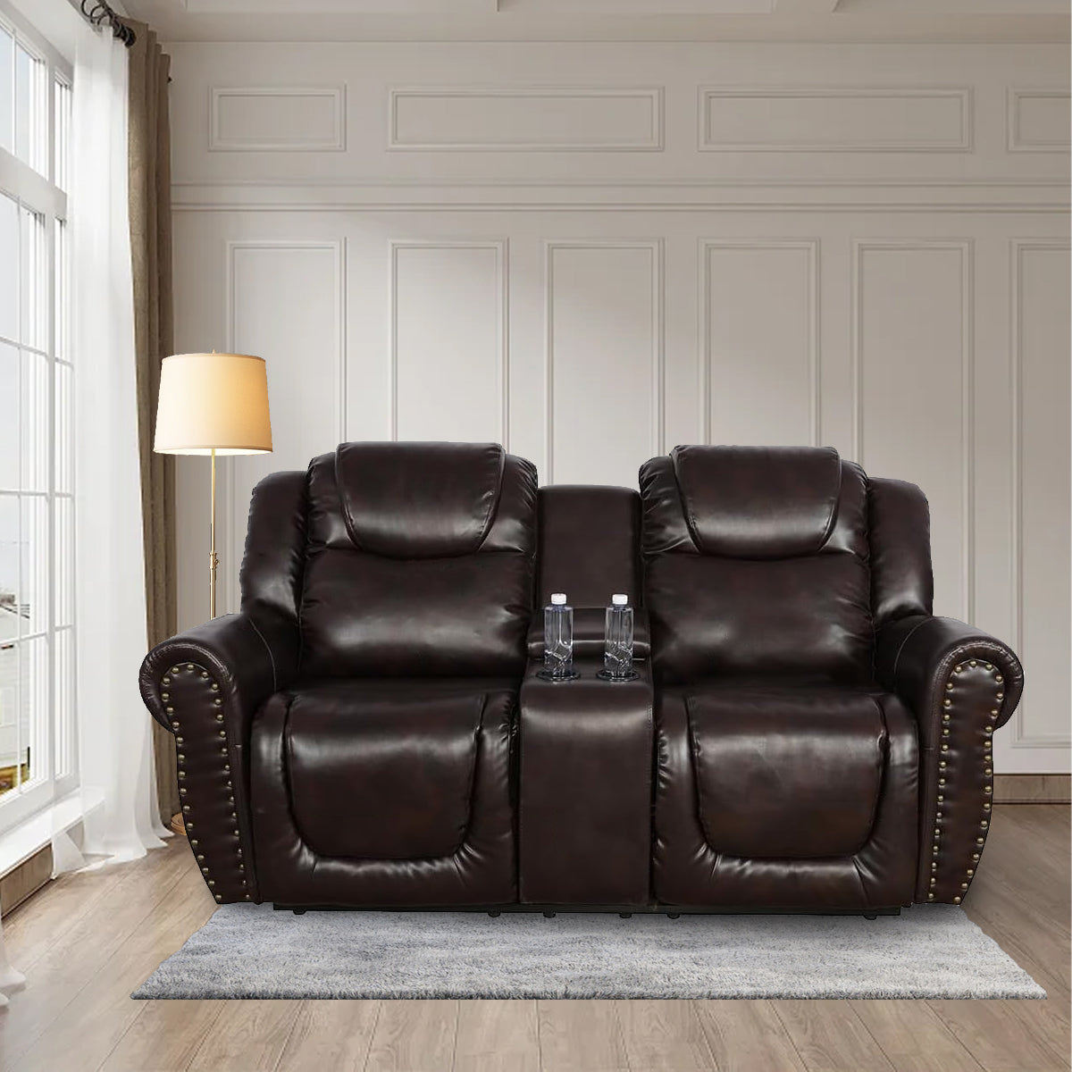 Leather Loveseat Living Room Sofa with Cup Holders and Adjustable Footrest, Brown