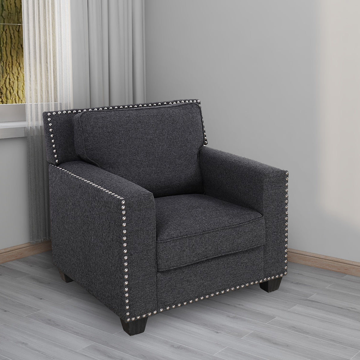 Black Linen Living Room Chair with Rivet Design, Soft Single Home Chair for Bedroom and Office