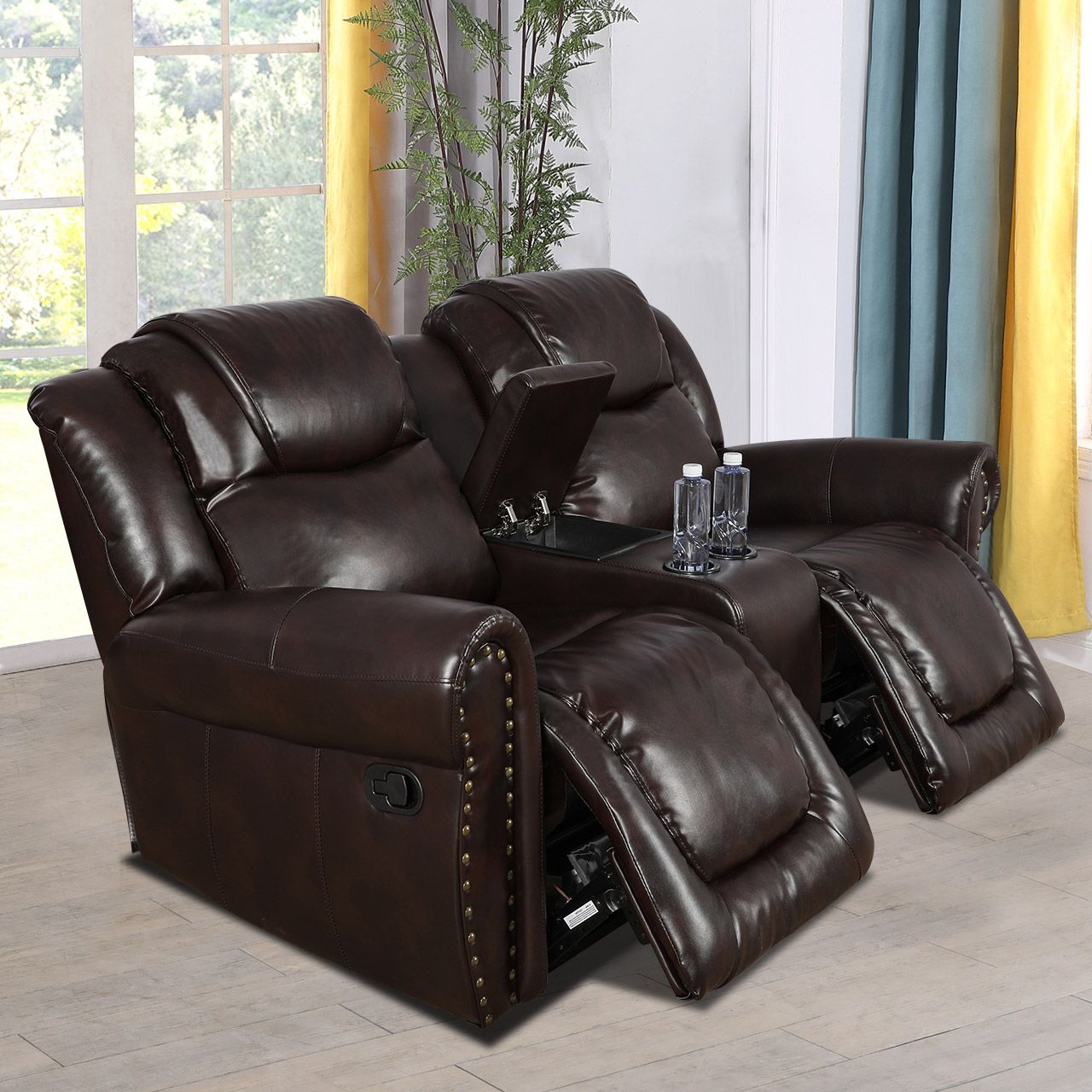 Leather Loveseat Living Room Sofa with Cup Holders and Adjustable Footrest, Brown