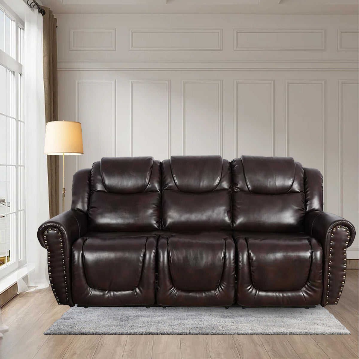 Brown Leather Sofa for Living Room Office with Rivet Design, Classic Couch for Relaxing