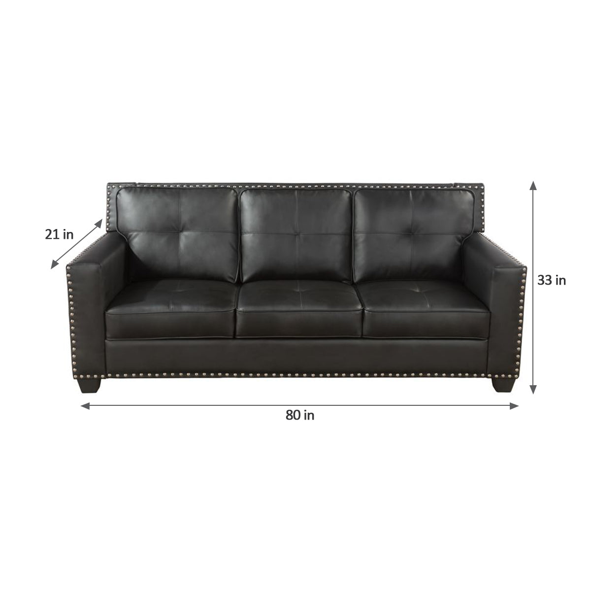 Classic Black Leather Living Room Rivet Sofa, 3 Seater Modern Sofa for Home Apartment