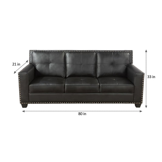 Classic Black Leather Living Room Rivet Sofa, 3 Seater Modern Sofa for Home Apartment