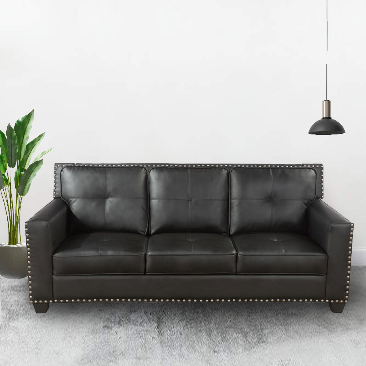 Classic Black Leather Living Room Rivet Sofa, 3 Seater Modern Sofa for Home Apartment