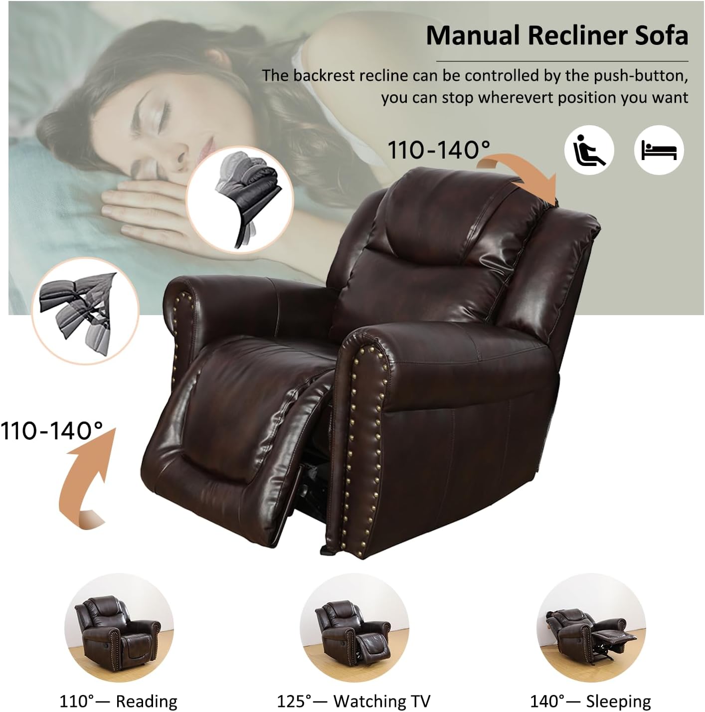 41" Leather Chair Sofa with Rivet Design, Single Relaxing Couch for Watching TV Reading Sleeping, Brown