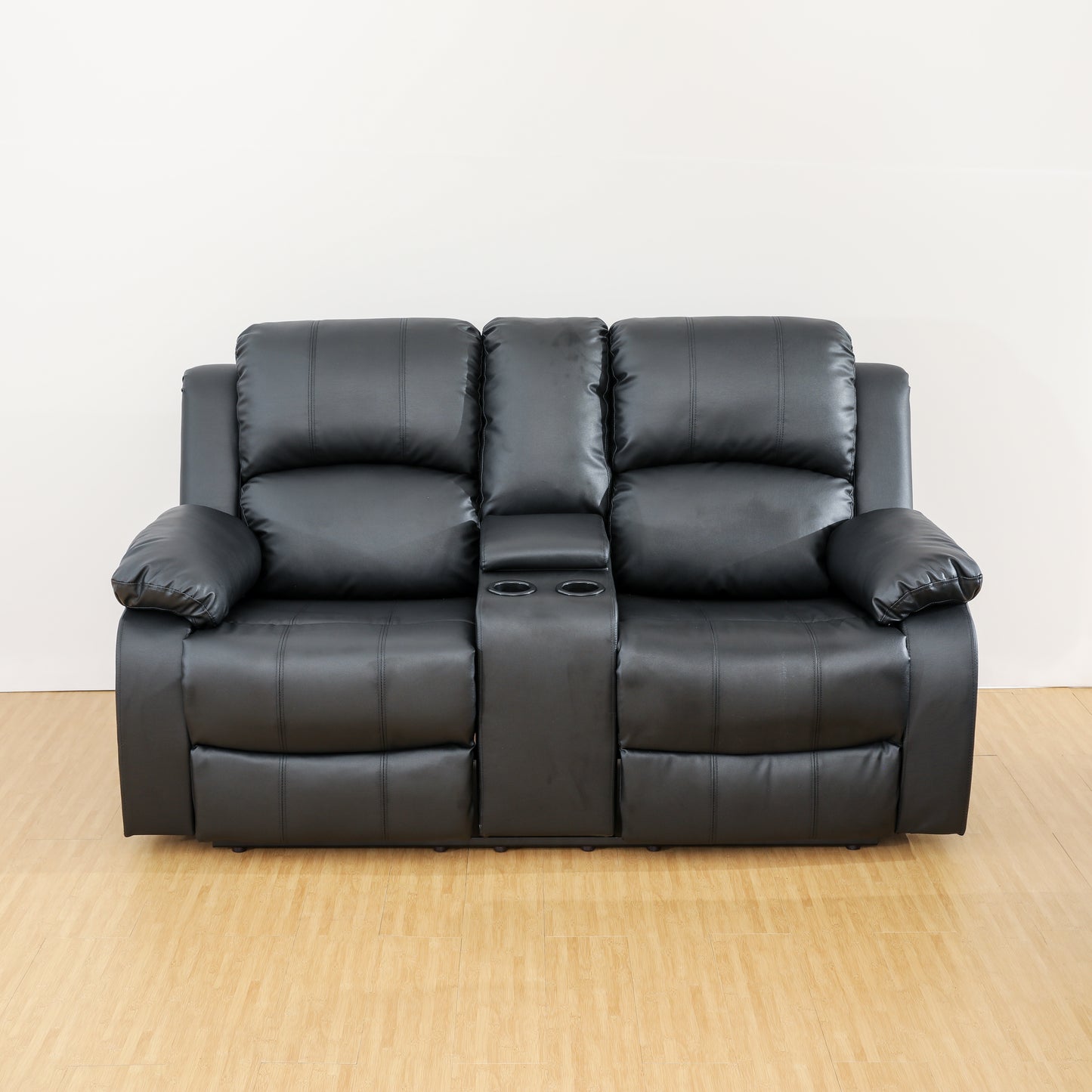 Recliner Armchair Sofa, Two Seater sofa with Cup Holders, Soft Touch Imitation Leather Sofa with Split Back, Black