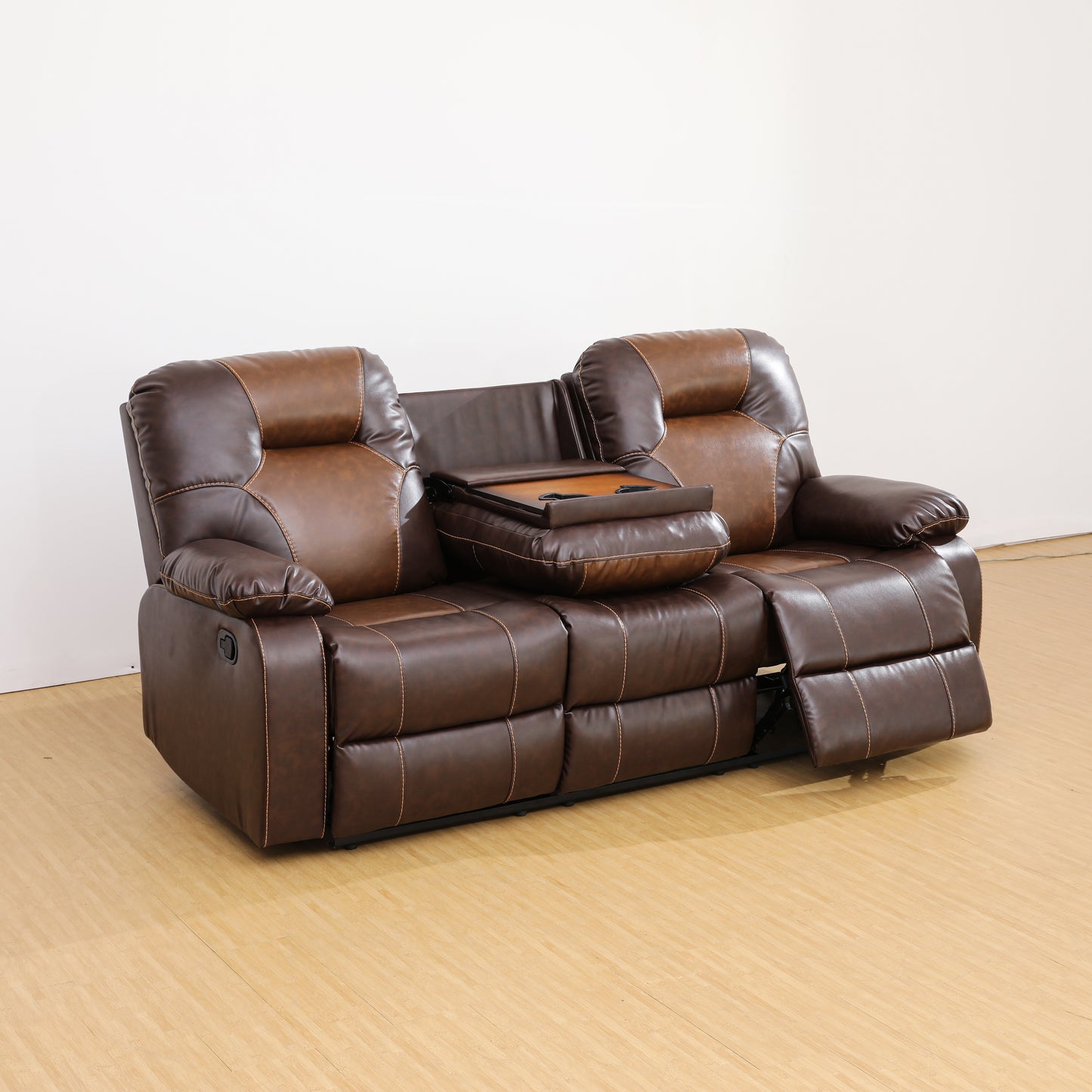 Brown Leather Sofa with Adjustable Backrest and Footrest, Living Room Sofa with Cup Holders