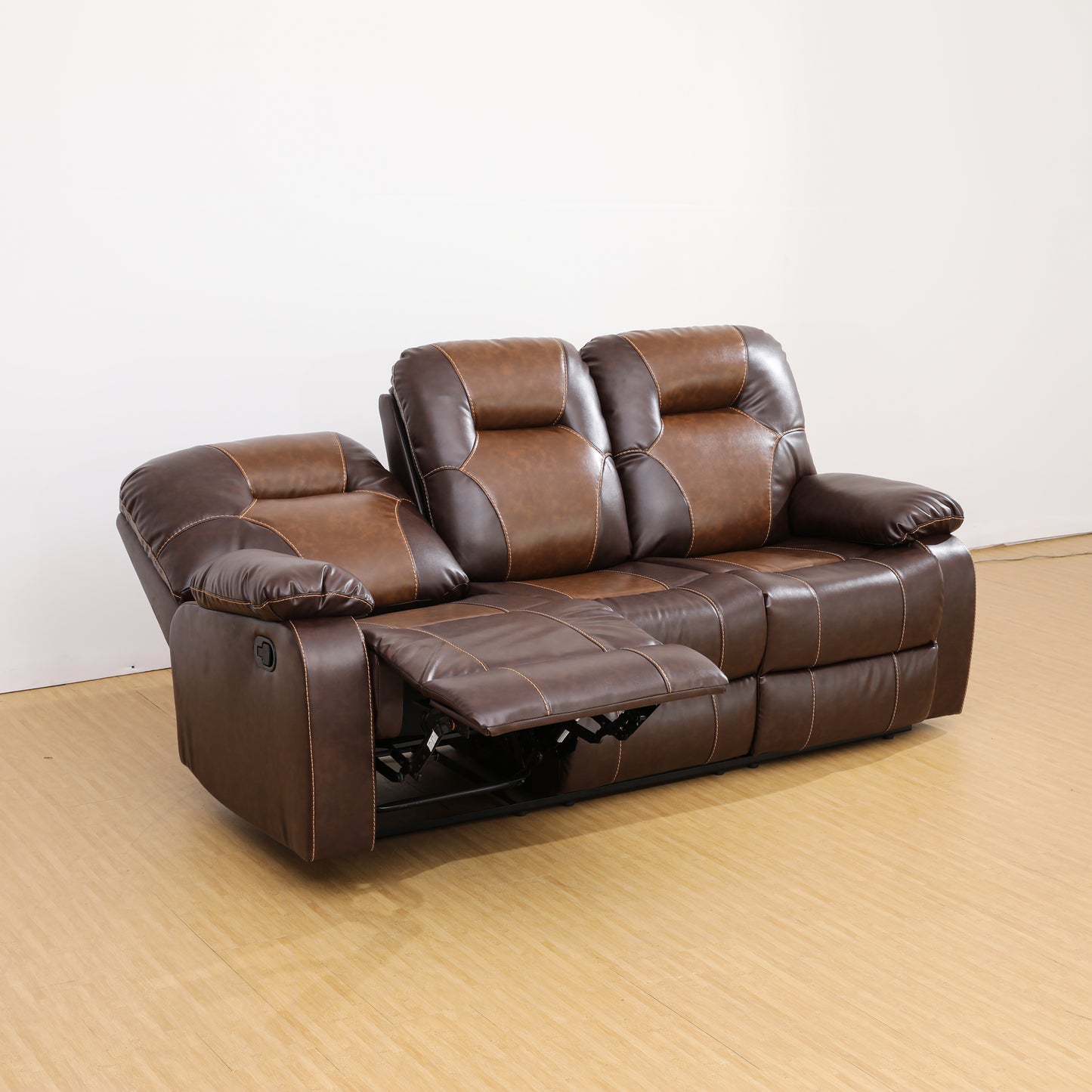 Brown Leather Sofa with Adjustable Backrest and Footrest, Living Room Sofa with Cup Holders