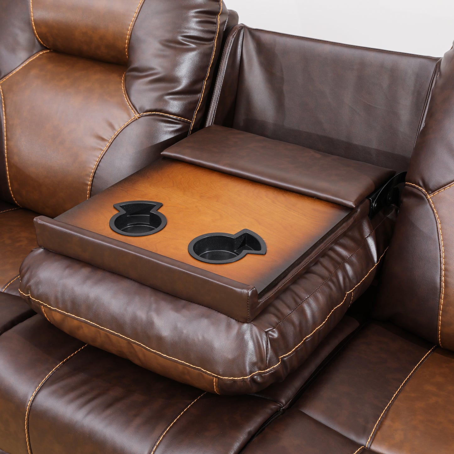 Brown Leather Sofa with Adjustable Backrest and Footrest, Living Room Sofa with Cup Holders