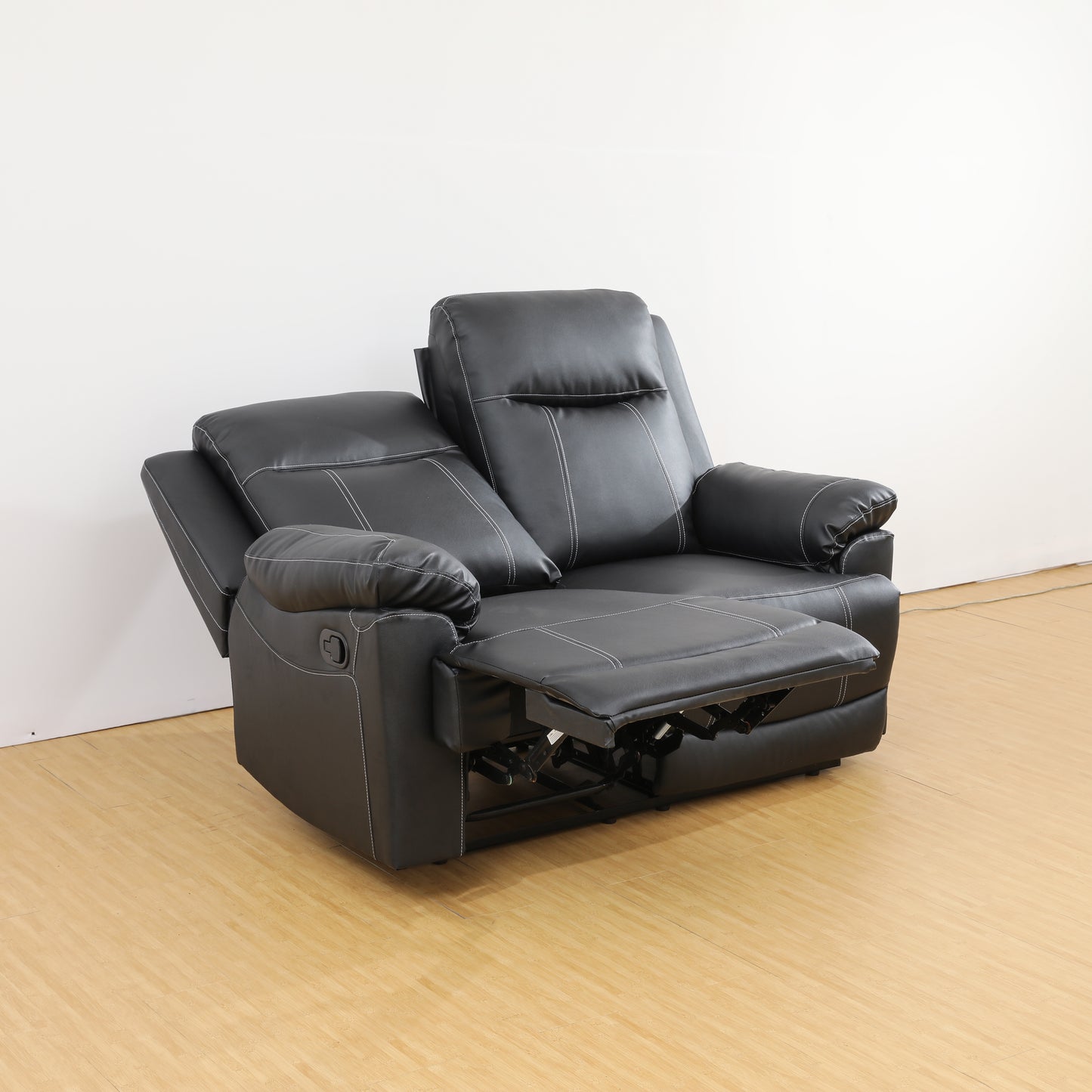 Black PU Leather Loveseat Recliner Sofa for Home Office, Manual Adjustable Couch with Extended Footrest