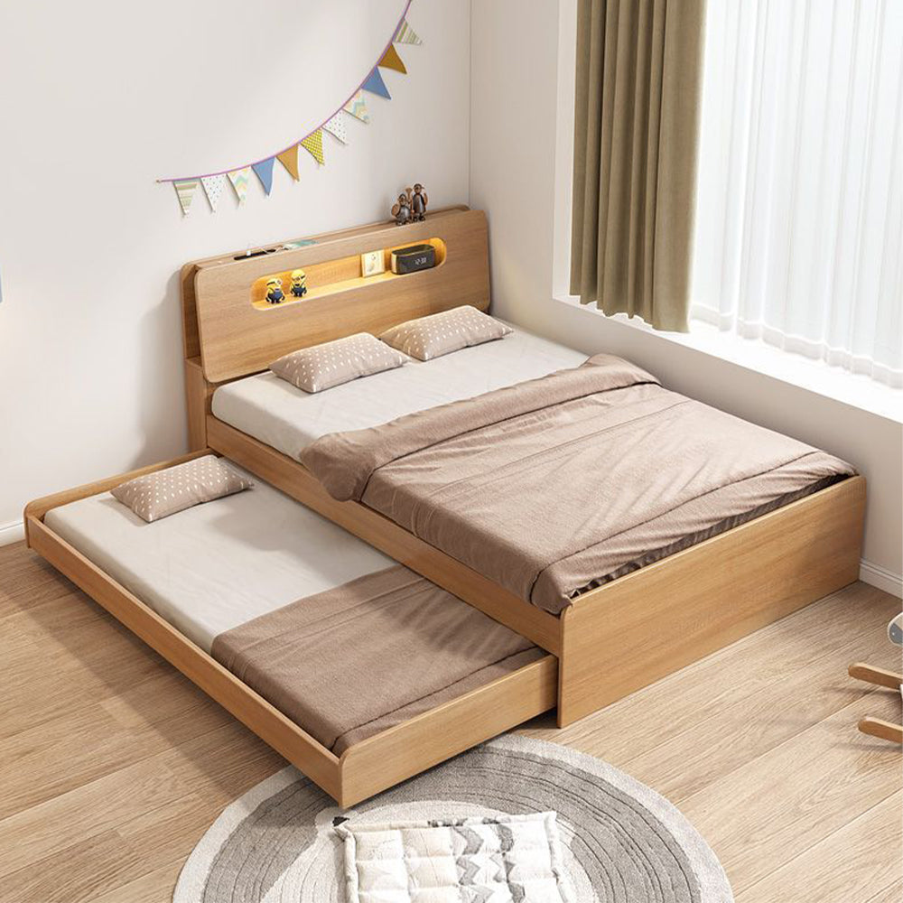 Platform Bed, Twin Size Frame Wood with Twin Size Trundle, 190*150cm, Brown