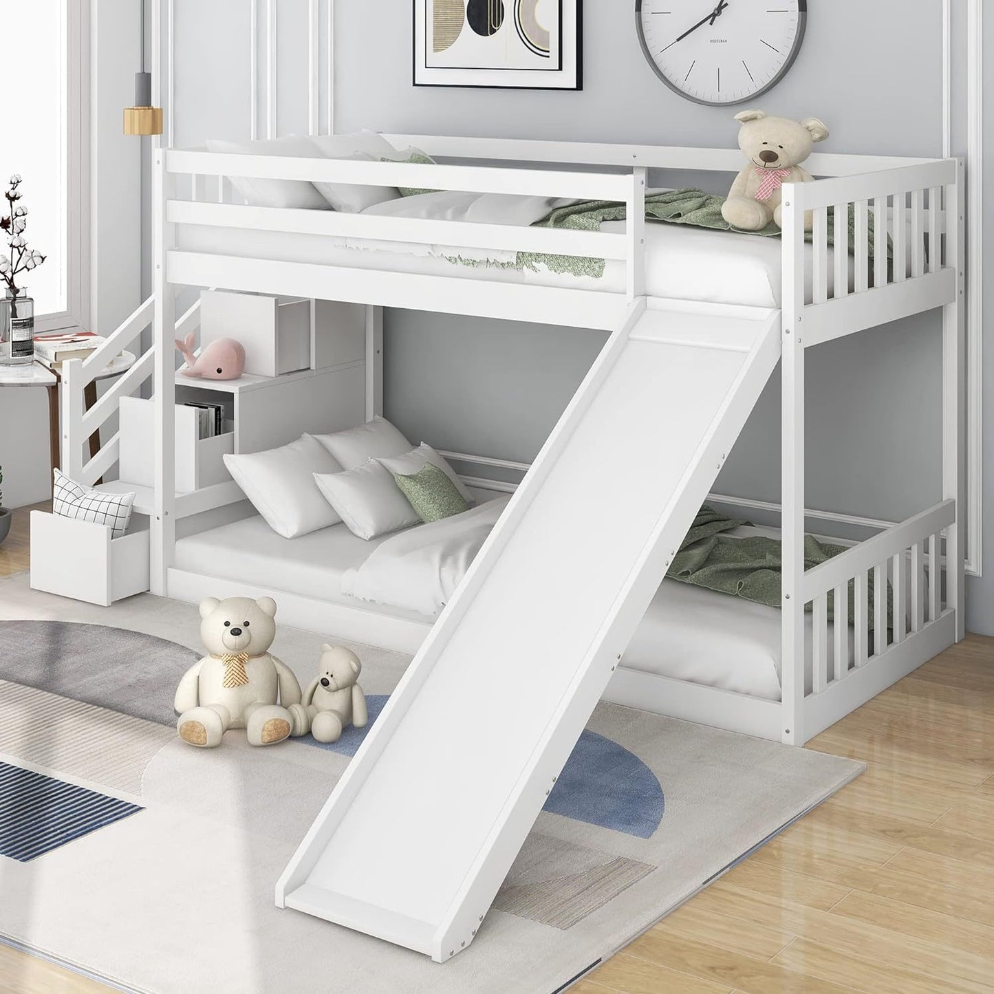 Twin over Twin House Bunk Bed with Slide and Ladder, Wood Low Bunk Bed Frame for Kids, White