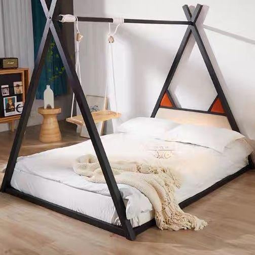 Metal Twin Size House Platform Bed with Triangle Structure, Metal Twin Bed Frame for Girls and Boys, Black