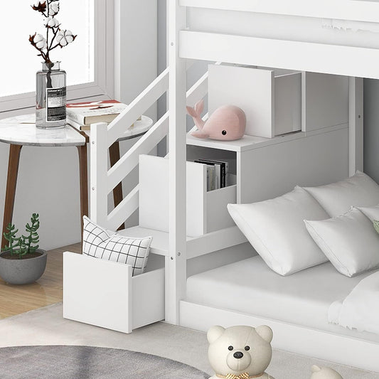 Twin over Twin House Bunk Bed with Slide and Ladder, Wood Low Bunk Bed Frame for Kids, White